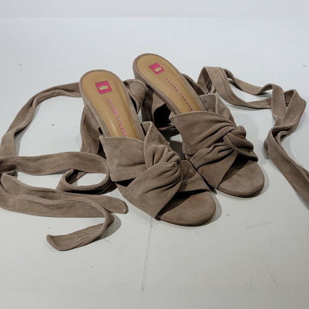 Elaine Turner Beige Tan Open Toe Lace Up Ankle Wrap Block Heel Shoe Size 7
